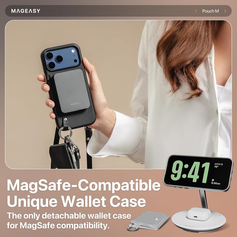 MAGEASY Designed for Phone 17 Pro Wallet Case with Crossbody Strap - Compatible with MagSafe Detachable Coin Purse & Card Slot, Leather Crossbody Lanyard, 16ft Drop Protection | Pouch M (Silver) - Image 3